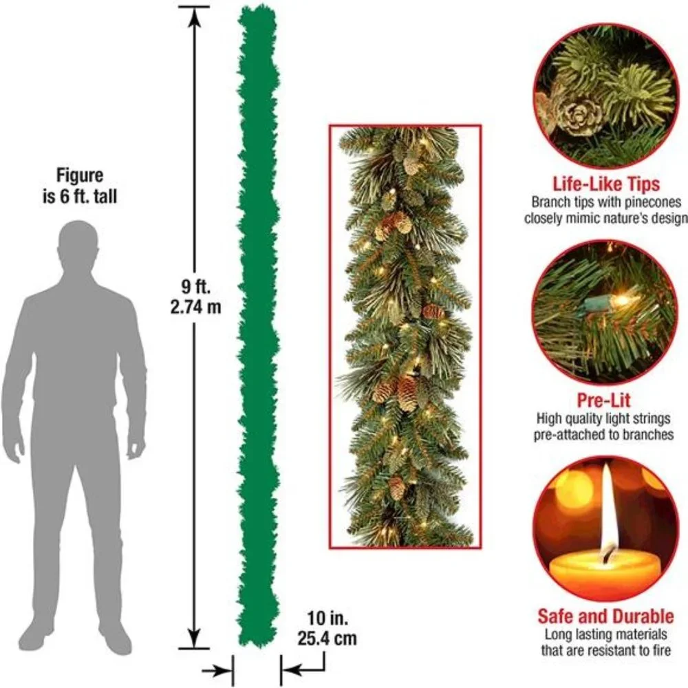 Pre-Lit Artificial Christmas Garland, Green, Carolina Pine, White Lights 9 Feet